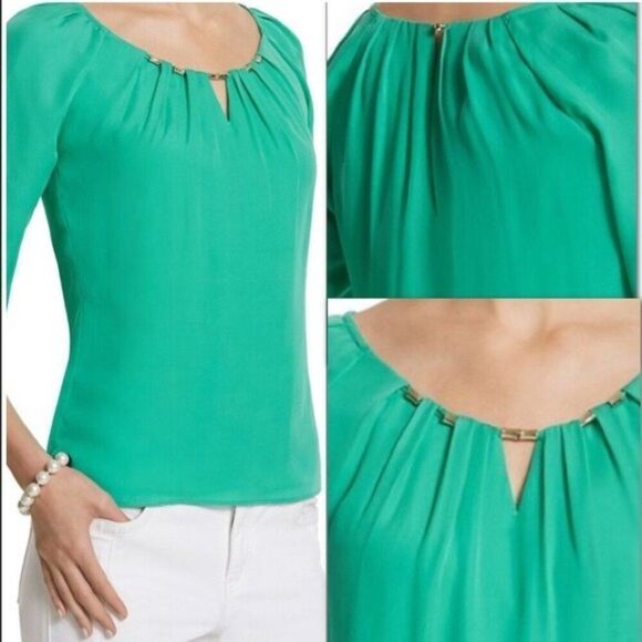 WHBM Sea Green Silk Blouse w/ Silver Bead Neckline Size Medium - Picture 1 of 7